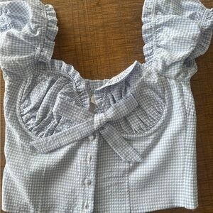 Blue Gingham Crop Top with Bow Detail